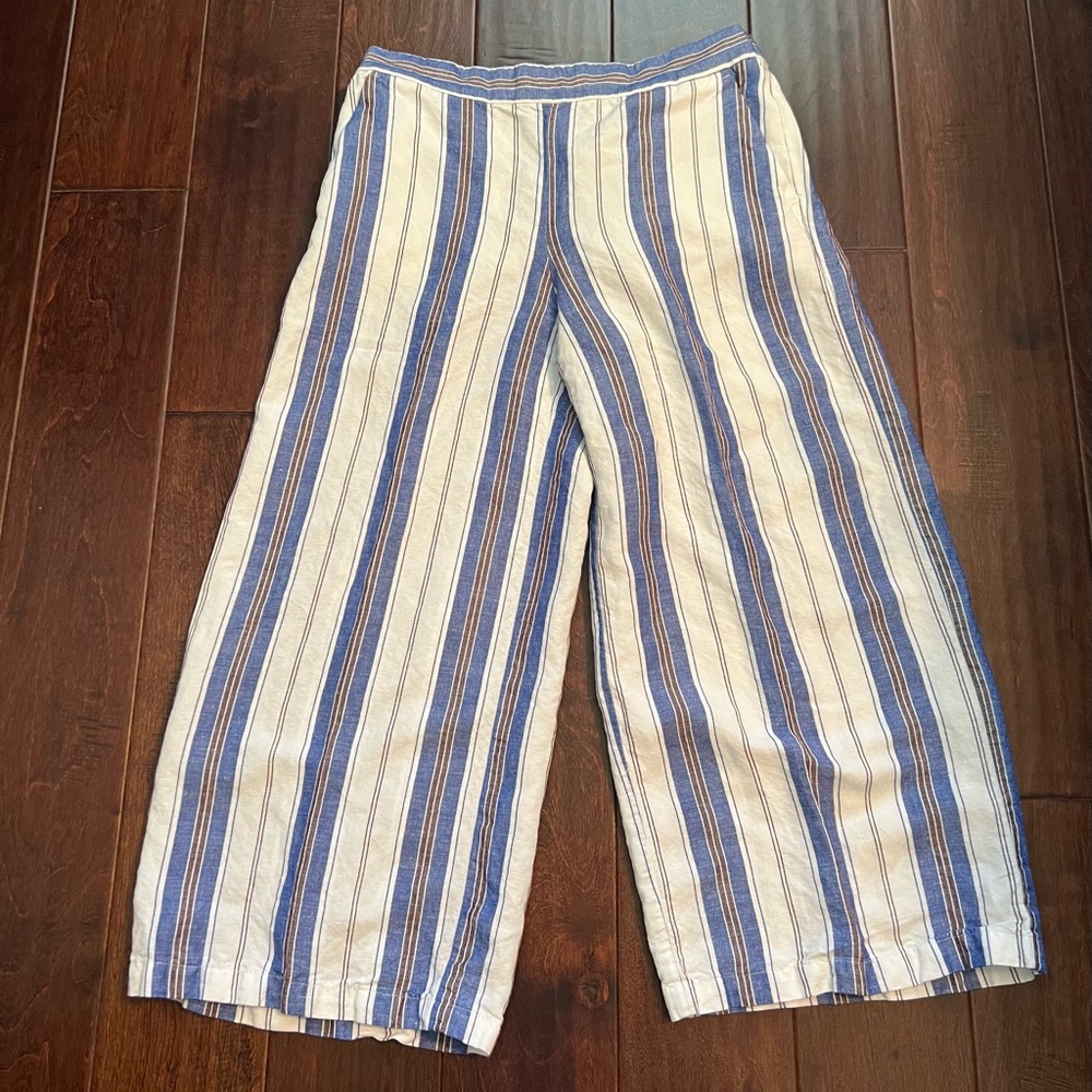 LOFT Pants Blue White Stripe Wide Leg LINEN Viscose Blend Stretch Pockets Small